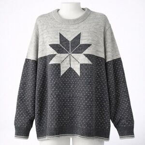 Lands End Wool Snowflake Fair Isle Gray Sweater Crew Neck Nordic L Apre Ski Y2K